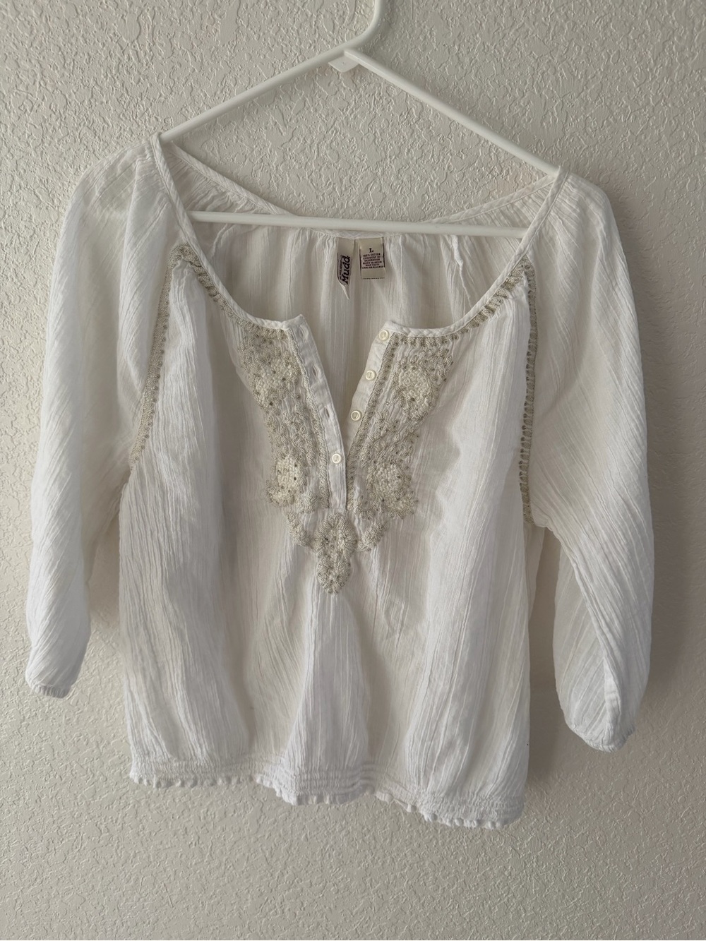 Mudd | Vintage Boho Peasant Blouse • White Gauze Crochet • Size L
